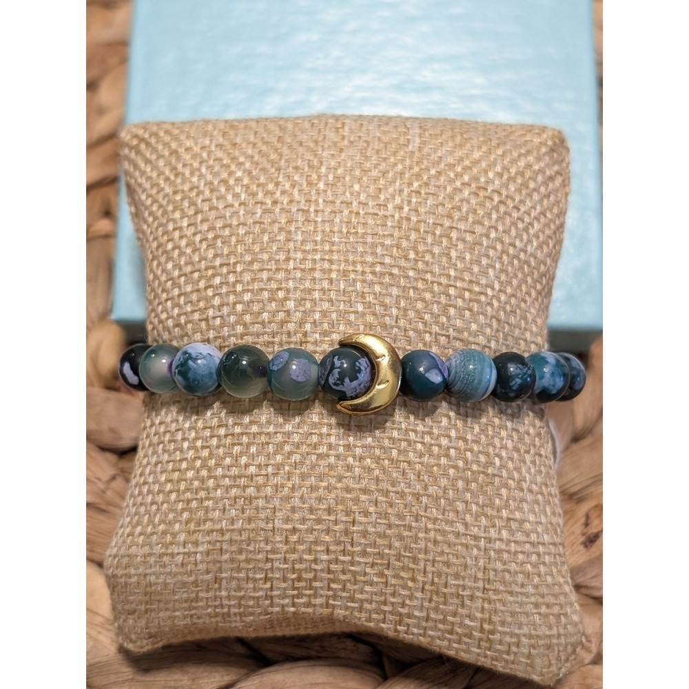 Park Lane Stretchy Fig Bracelet Purple Green Beads Gold Tone Moon Accent NIB